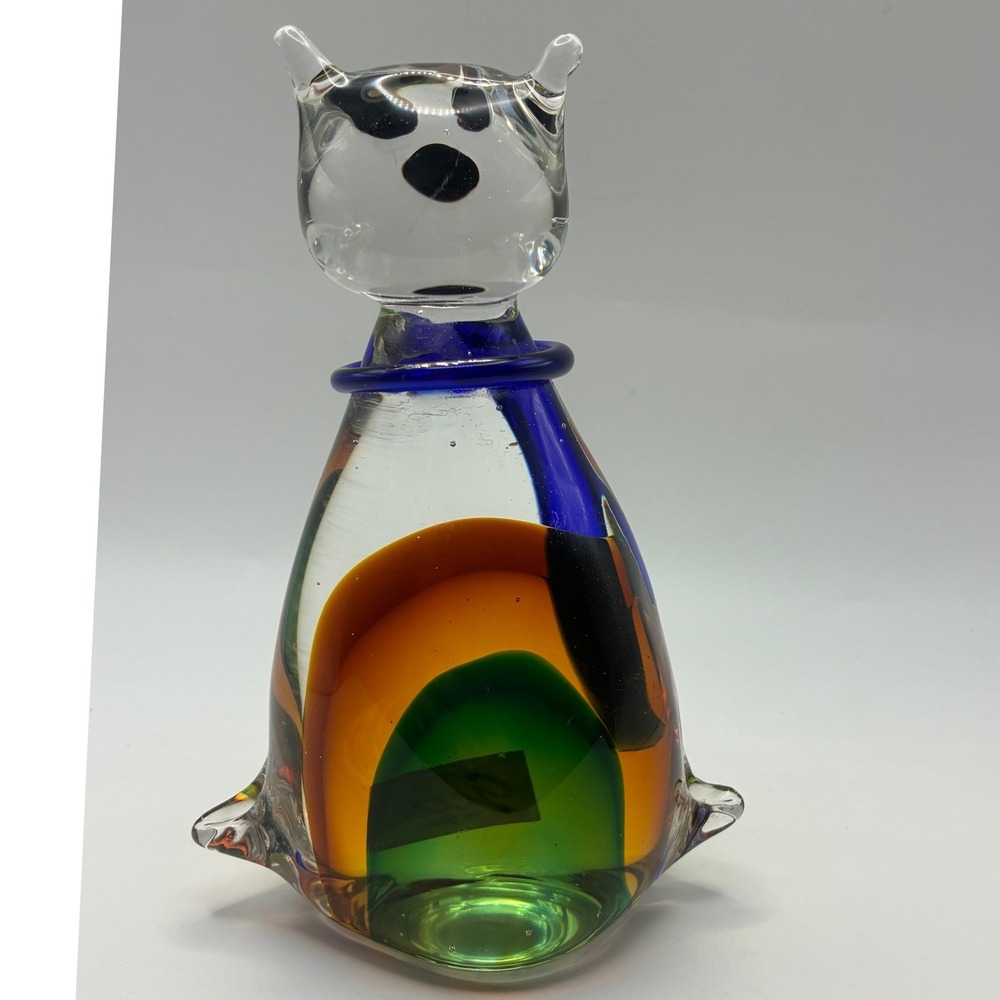 GCA Art Glass Cat Figurine 6" Multicolor Vintage Sommerso Glass Bow Feline